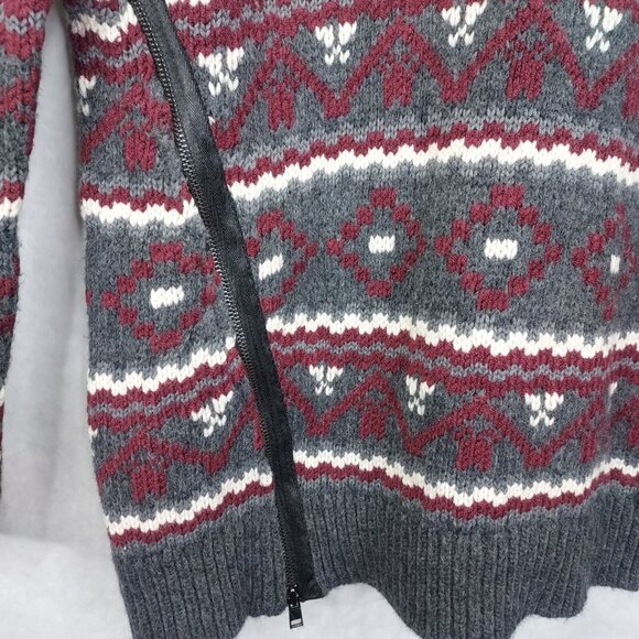 Ann Taylor Sweater Medium Gray Chianti White Snowflake Side Zip Wool Fair Isles - Picture 2 of 13